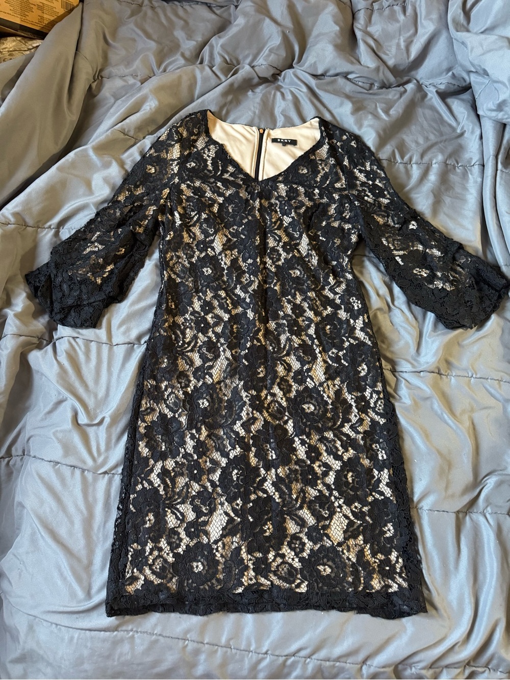 DKNY Black Lace Bell Sleeve Cocktail Dress Nude Lined Sheath